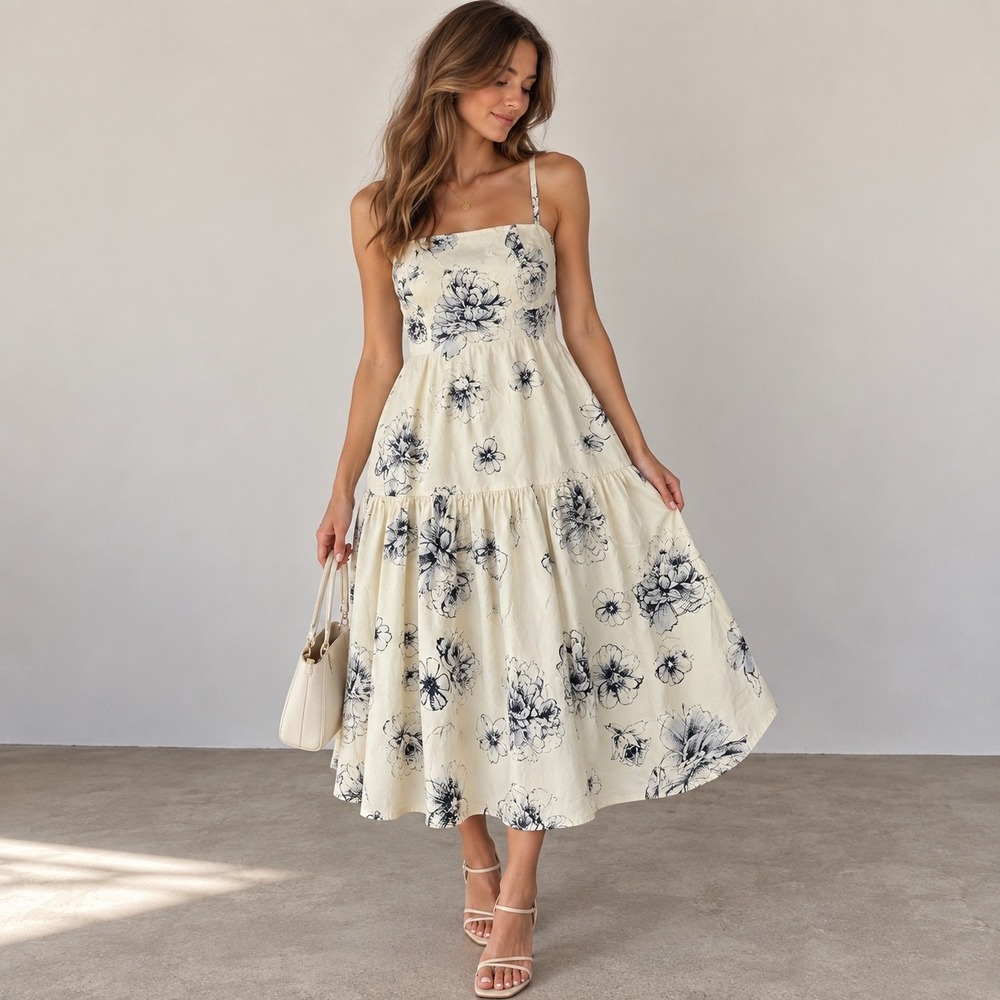 Express Womens Floral Tiered Midi Party Date Dress Cream Navy Blue Size L NWT